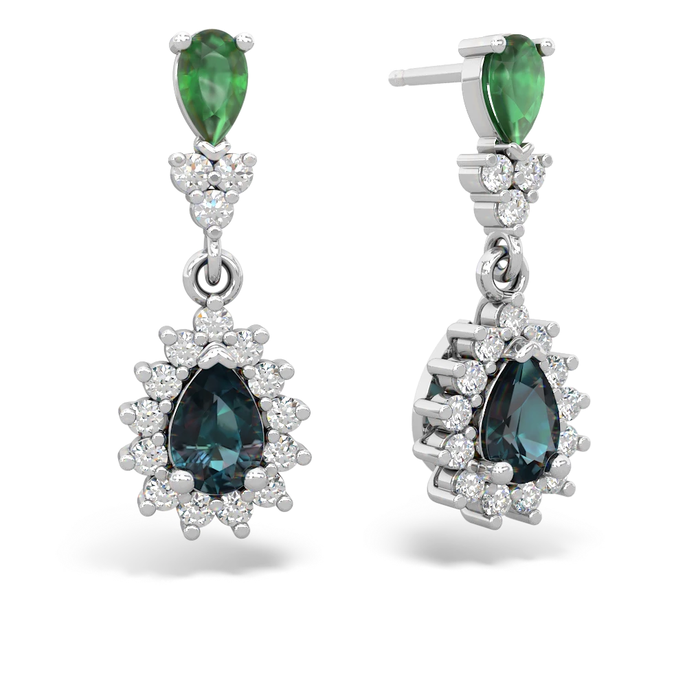 Emerald Halo Pear Dangle 14K White Gold earrings E1882