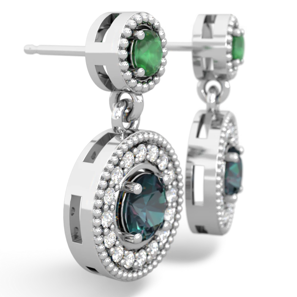 Emerald Halo Dangle 14K White Gold earrings E5319