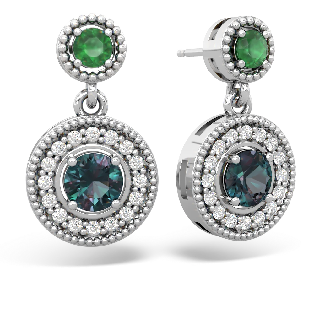 Emerald Halo Dangle 14K White Gold earrings E5319