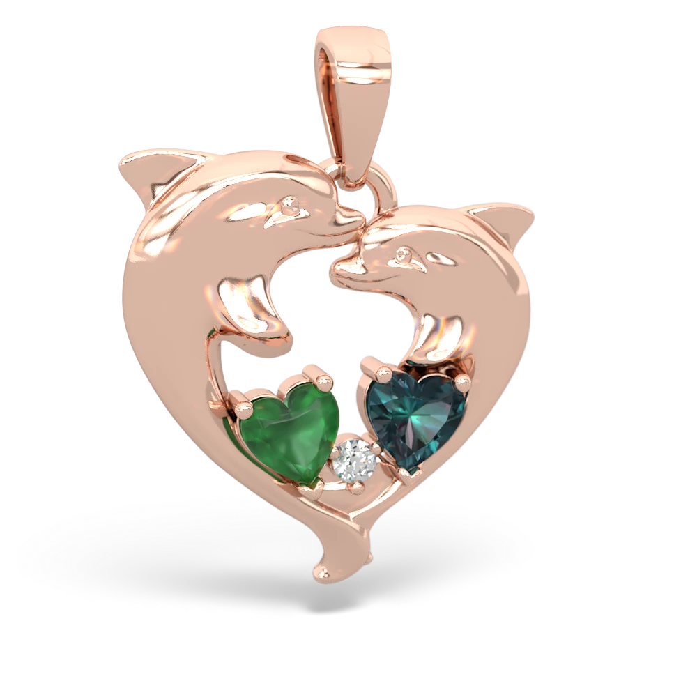 Emerald Dolphin Heart 14K Rose Gold pendant P5820