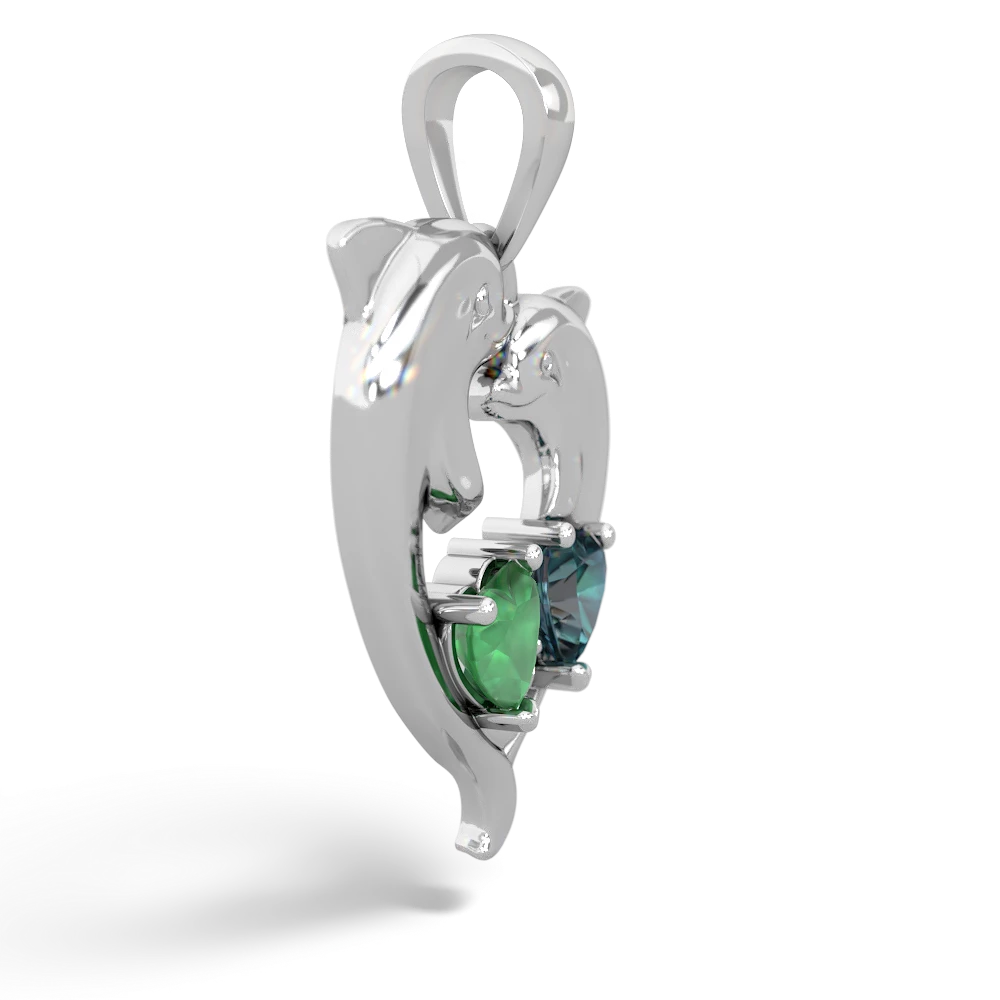 Emerald Dolphin Heart 14K White Gold pendant P5820