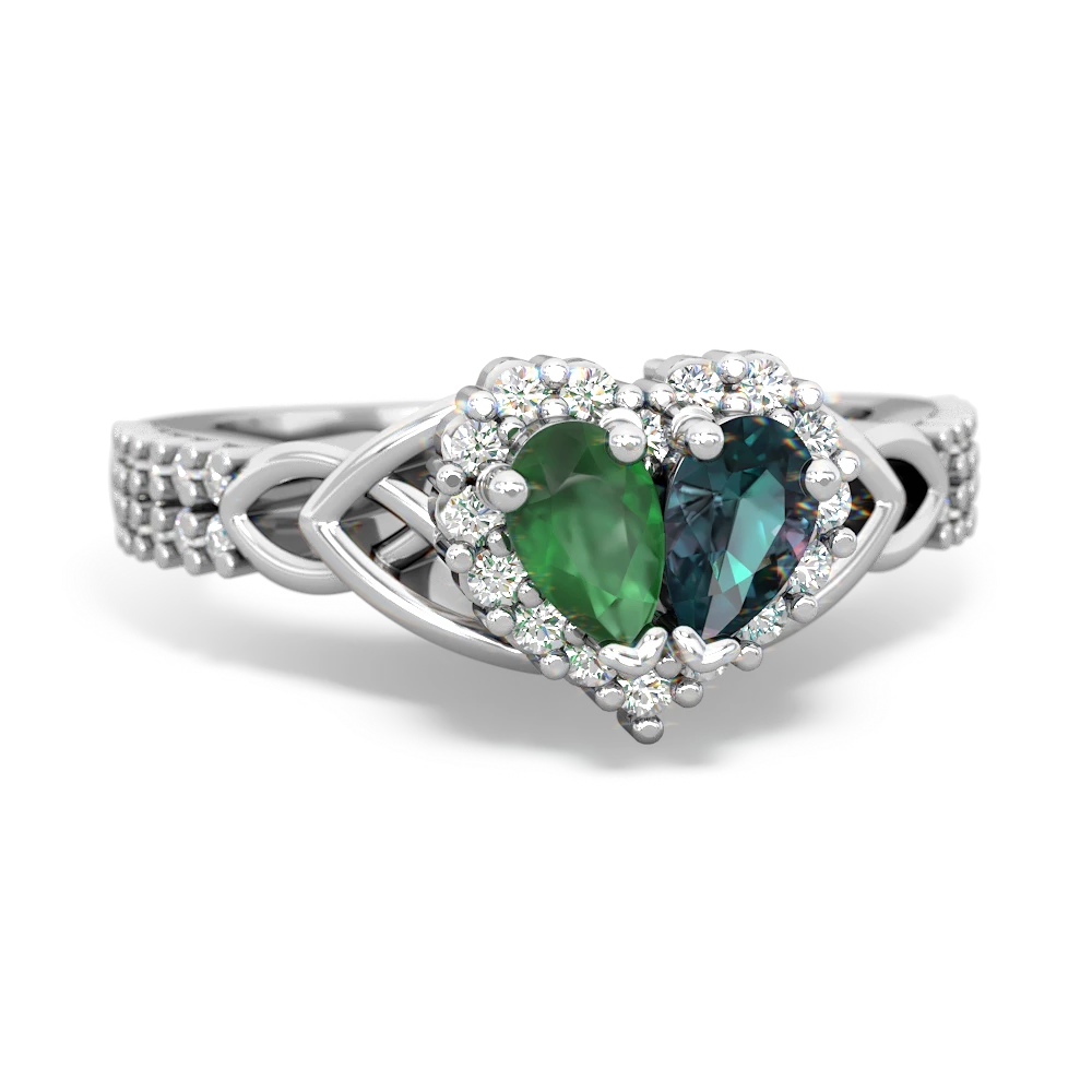 Emerald Celtic Knot Two Hearts As One 14K White Gold ring R2644HRT