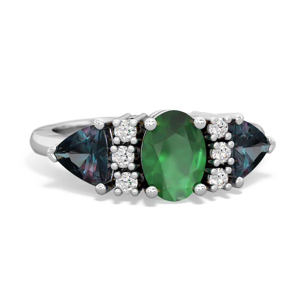 Emerald Antique Style Three Stone 14K White Gold ring R2186