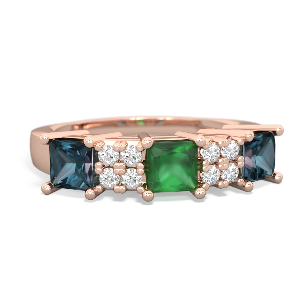 Emerald Three Stone Diamond Cluster 14K Rose Gold ring R2592