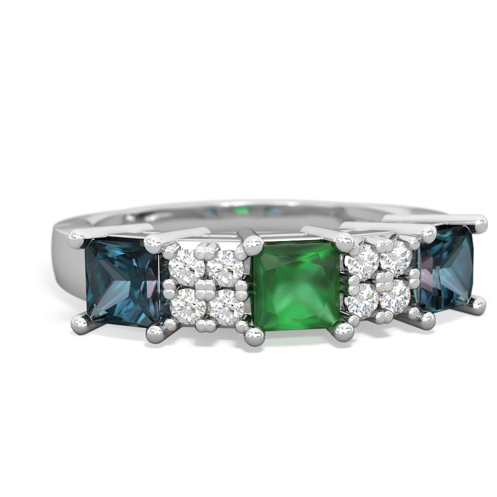 Emerald Three Stone Diamond Cluster 14K White Gold ring R2592