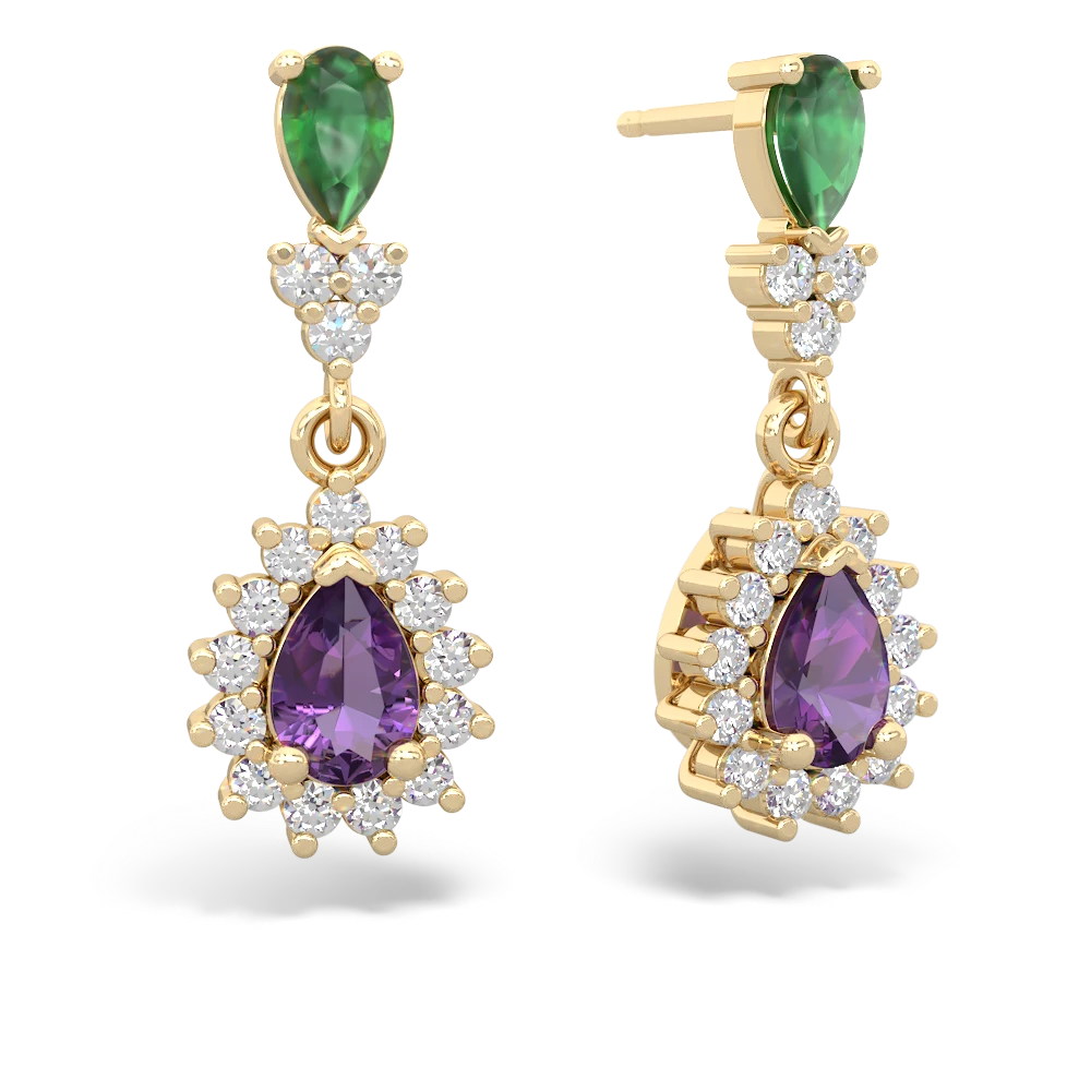 Emerald Halo Pear Dangle 14K Yellow Gold earrings E1882