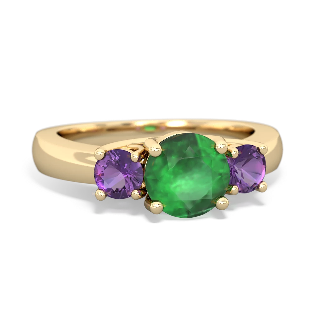 Emerald Three Stone Round Trellis 14K Yellow Gold ring R4018