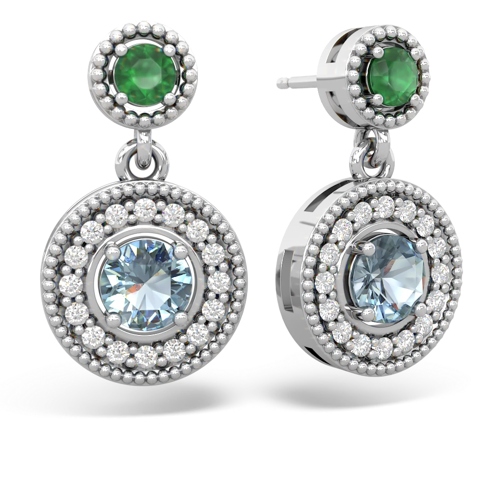 Emerald Halo Dangle 14K White Gold earrings E5319