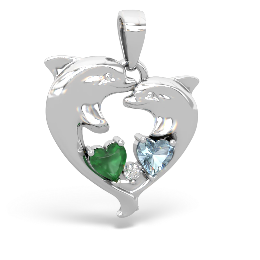 Emerald Dolphin Heart 14K White Gold pendant P5820