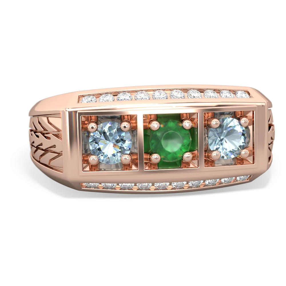 Emerald Three Stone Tire Tread Men's 14K Rose Gold ring R0520