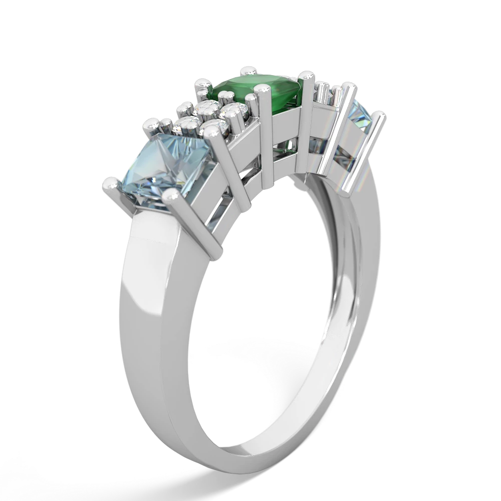 Emerald Three Stone Diamond Cluster 14K White Gold ring R2592