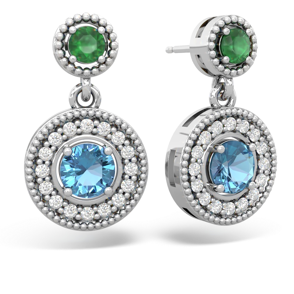 Emerald Halo Dangle 14K White Gold earrings E5319