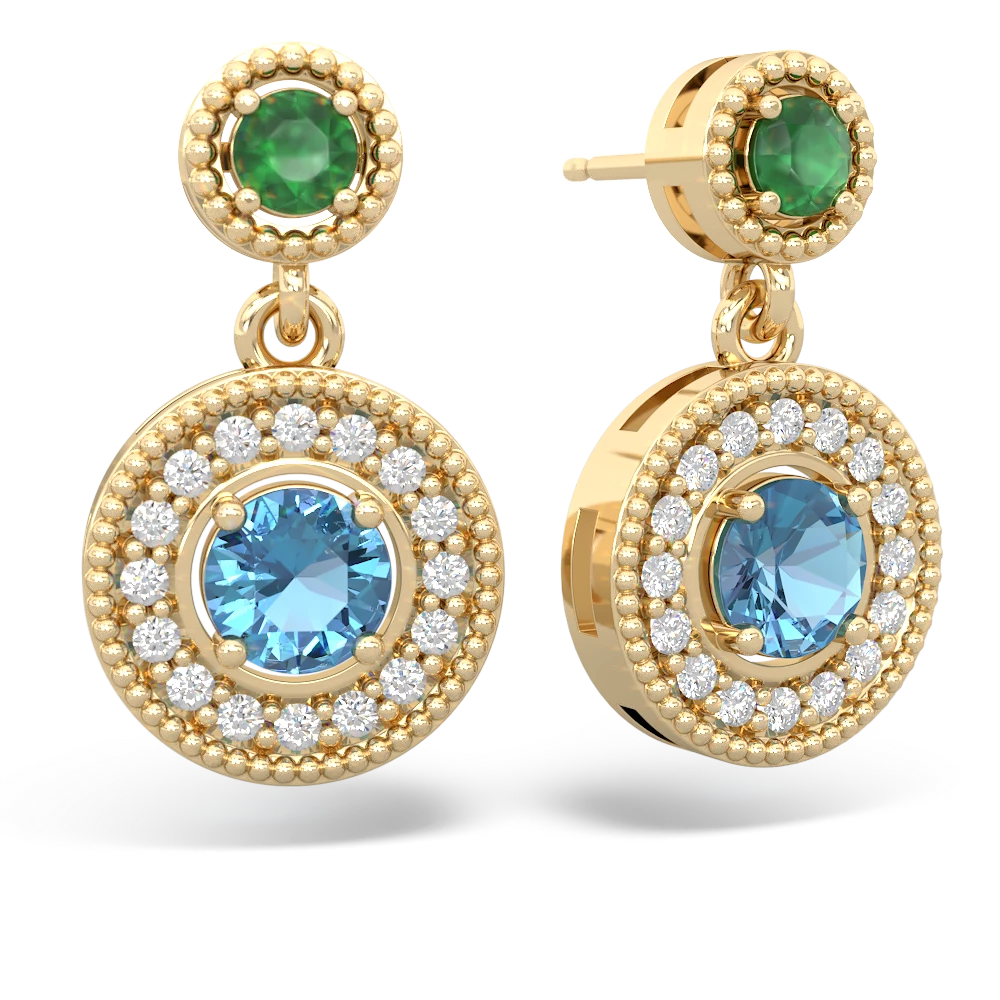 Emerald Halo Dangle 14K Yellow Gold earrings E5319