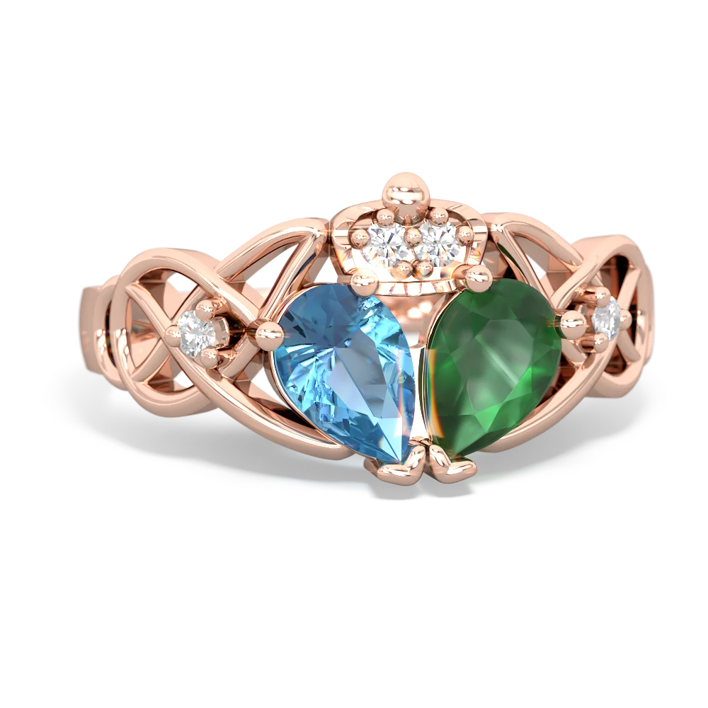 Emerald 'One Heart' Celtic Knot Claddagh 14K Rose Gold ring R5322