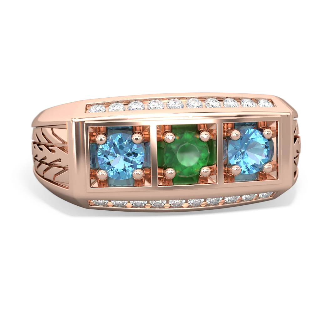 Emerald Three Stone Tire Tread Men's 14K Rose Gold ring R0520