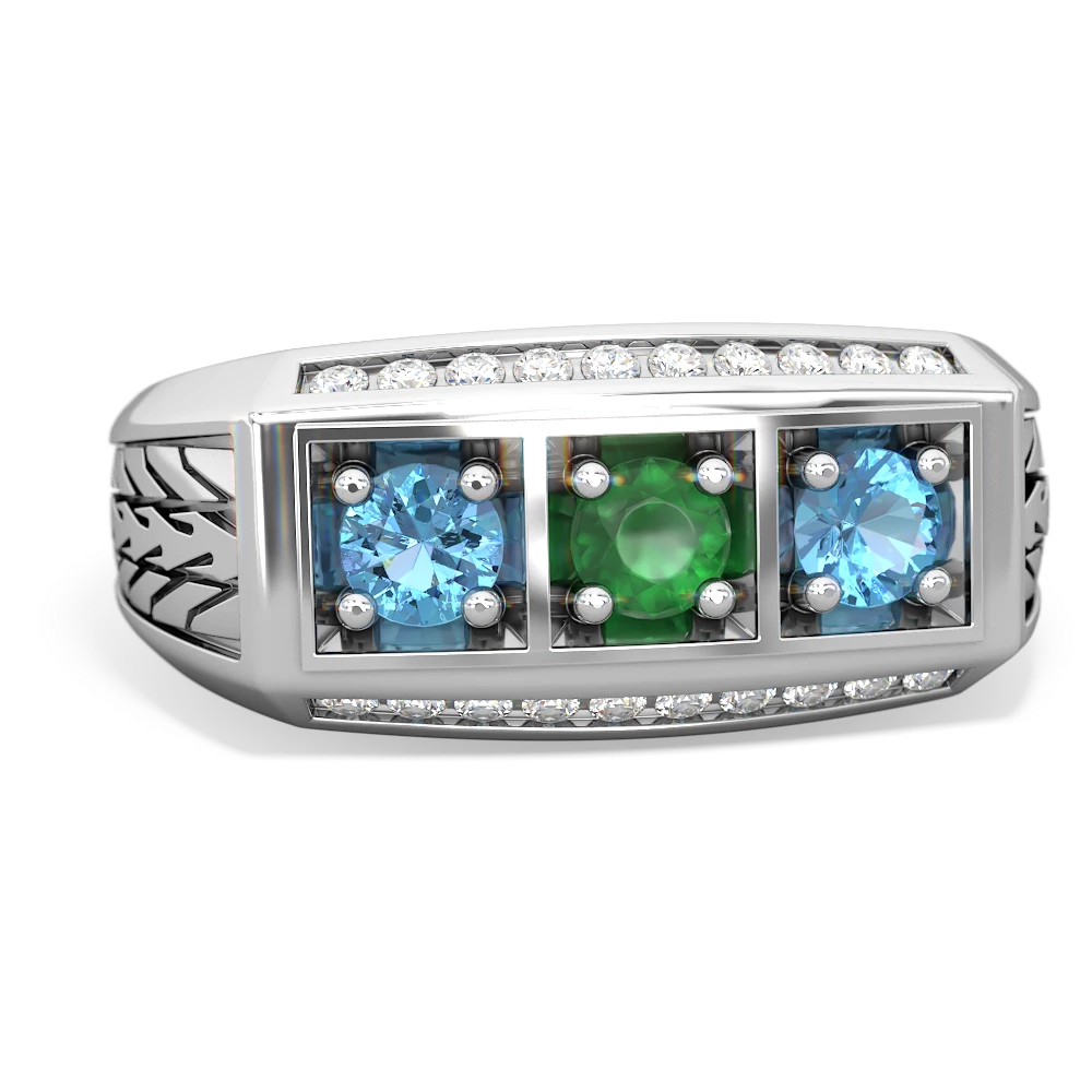 Emerald Three Stone Tire Tread Men's 14K White Gold ring R0520