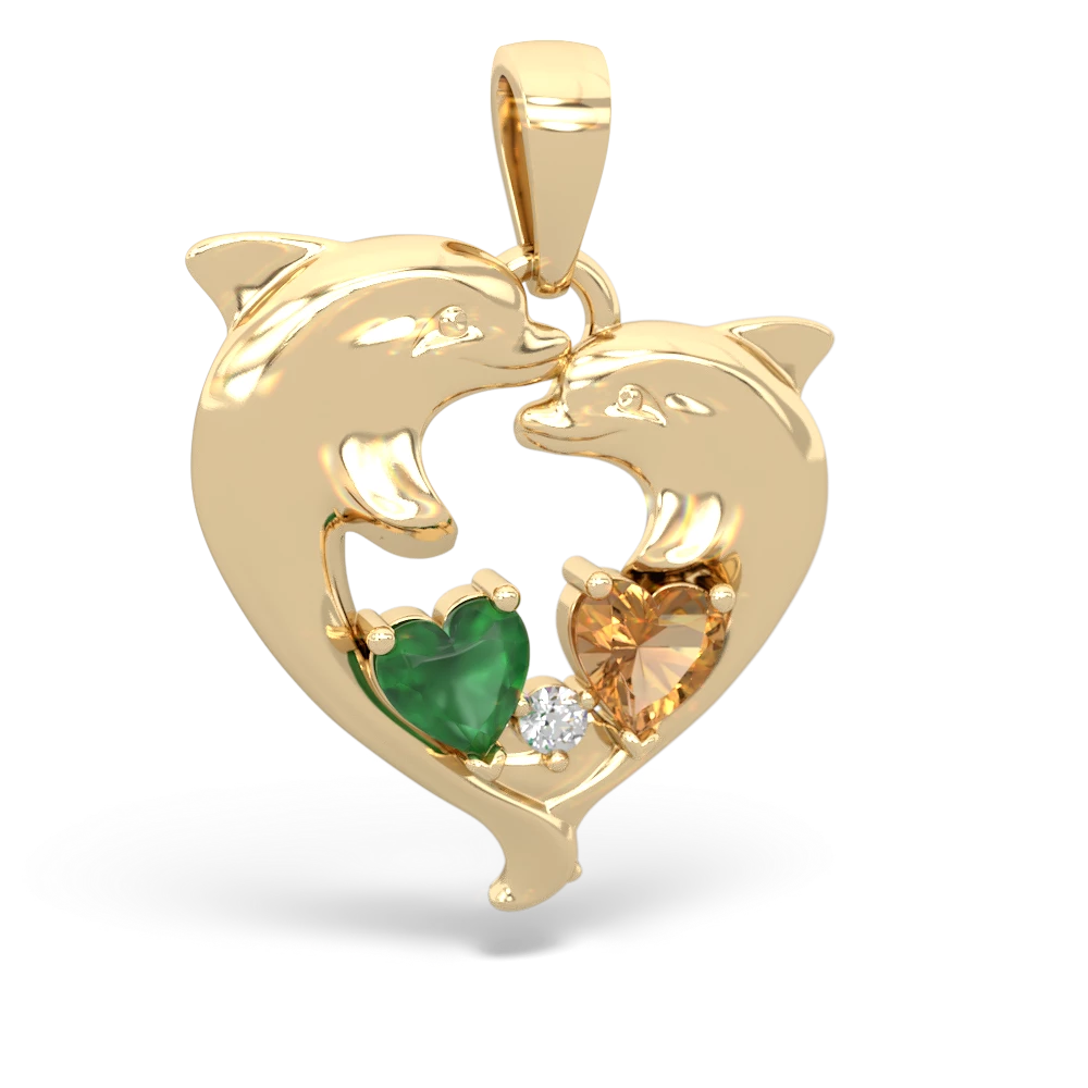 Emerald Dolphin Heart 14K Yellow Gold pendant P5820