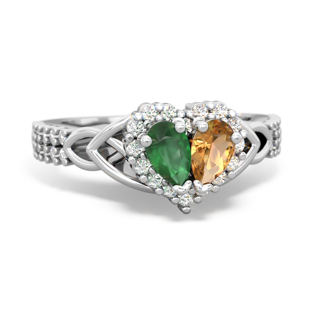 Emerald Celtic Knot Two Hearts As One 14K White Gold ring R2644HRT