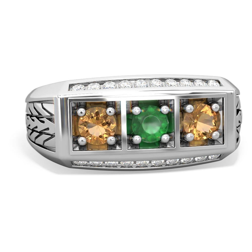 Emerald Three Stone Tire Tread Men's 14K White Gold ring R0520