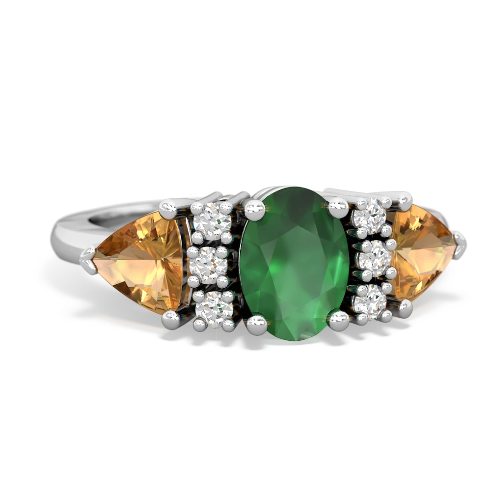 Emerald Antique Style Three Stone 14K White Gold ring R2186