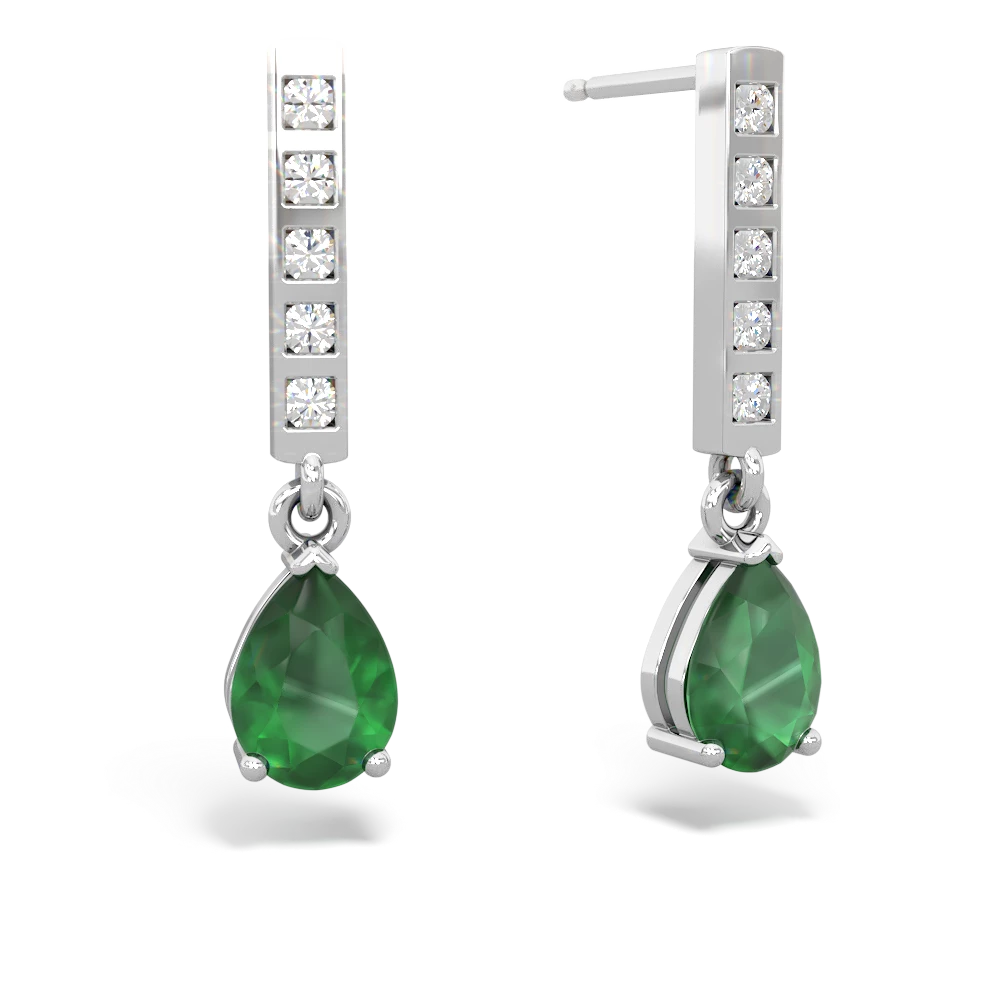 Emerald Art Deco Diamond Drop Earrings in 14K White Gold