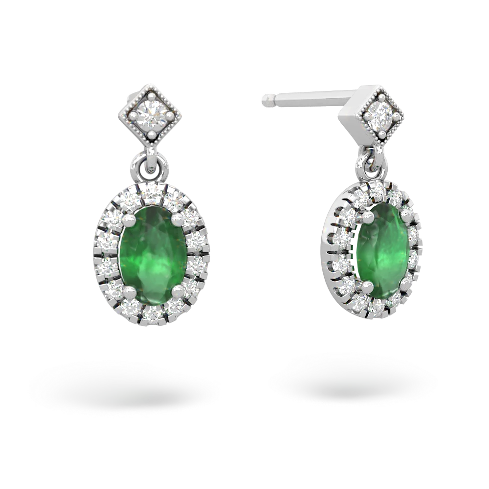 Emerald Antique-Style Halo 14K White Gold earrings E5720