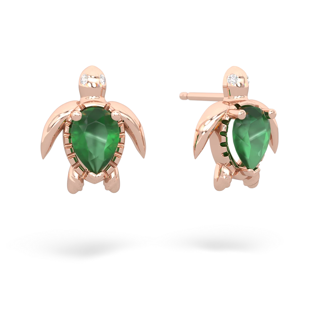 Emerald Baby Sea Turtle 14K Rose Gold earrings E5241