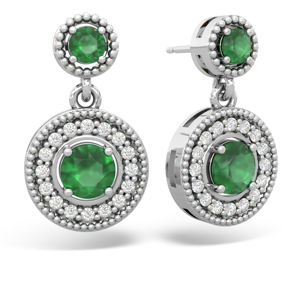 Emerald Halo Dangle 14K White Gold earrings E5319