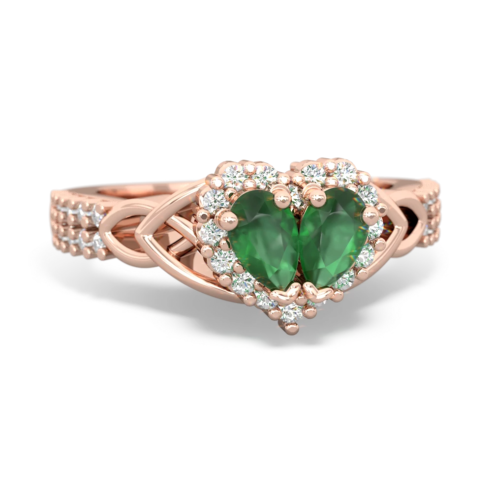 Emerald Celtic Knot Two Hearts As One 14K Rose Gold ring R2644HRT