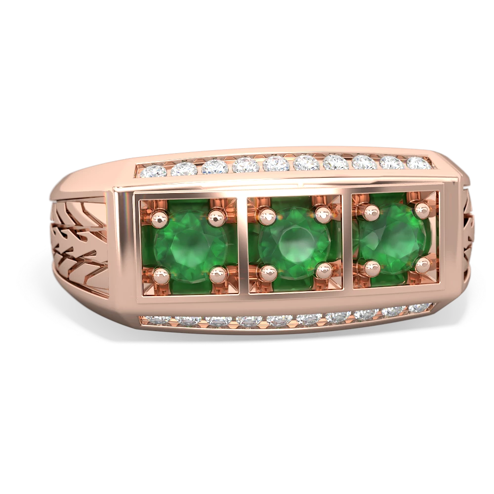 Emerald Three Stone Tire Tread Men's 14K Rose Gold ring R0520