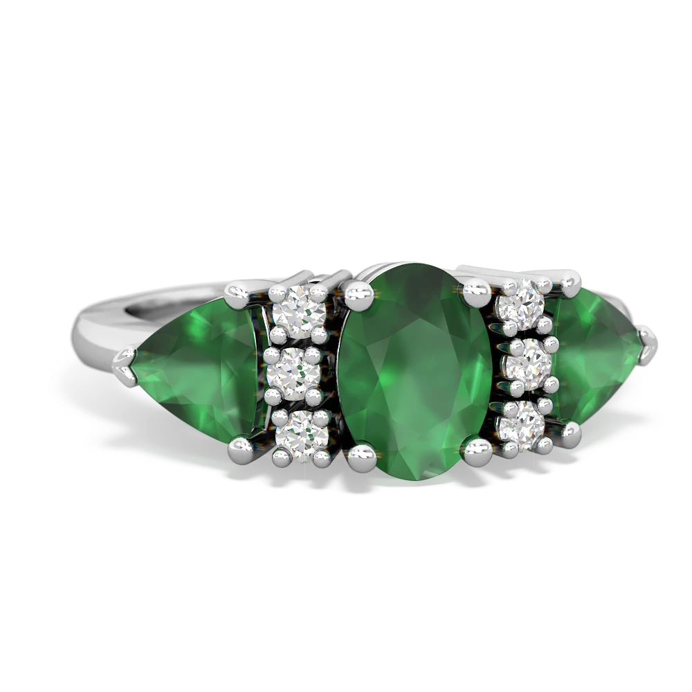 Emerald Antique Style Three Stone 14K White Gold ring R2186