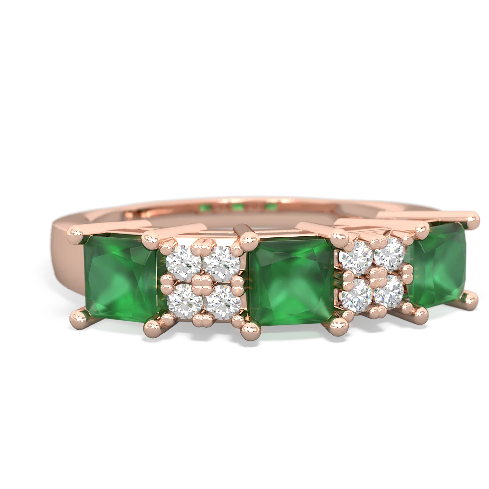 Emerald Three Stone Diamond Cluster 14K Rose Gold ring R2592