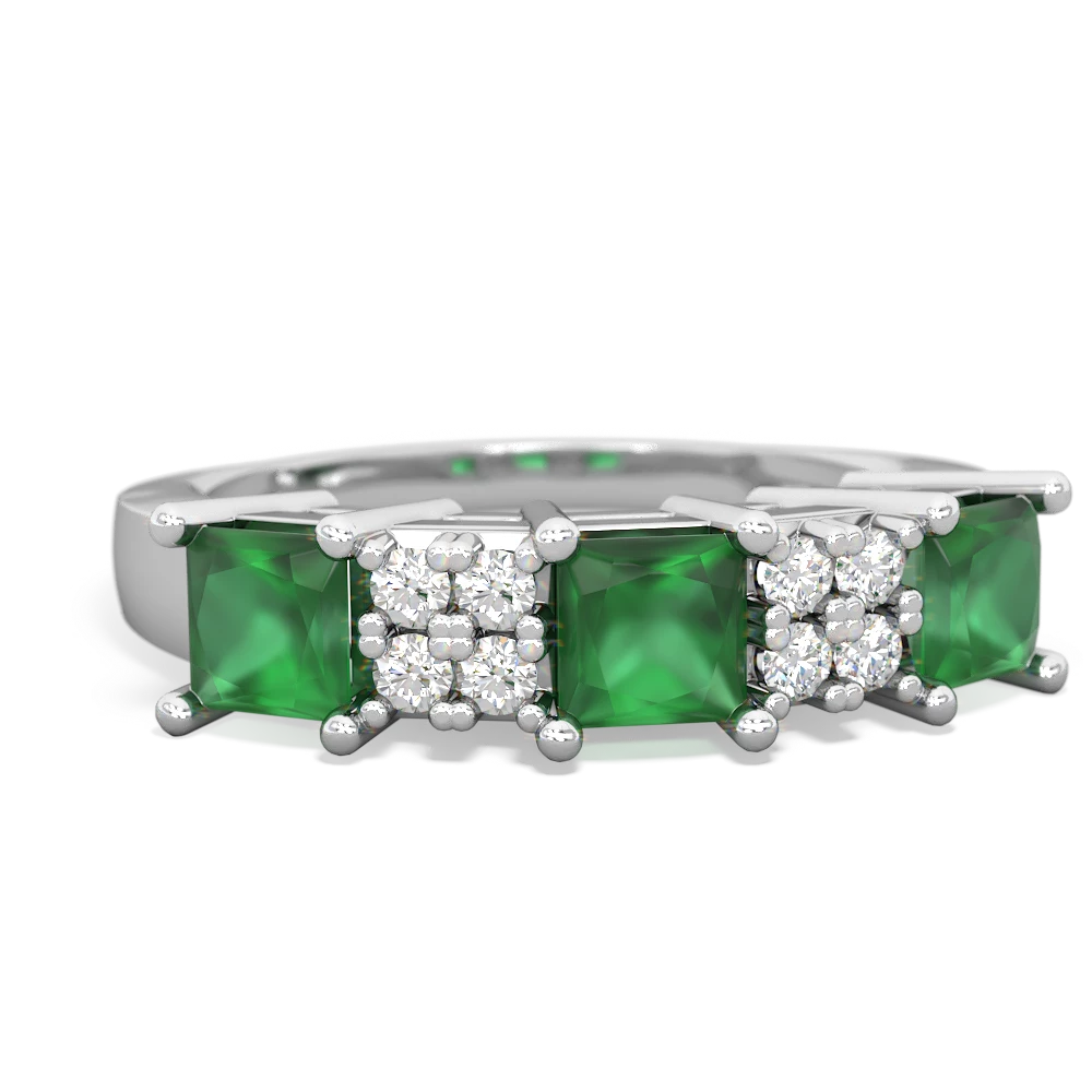 Emerald Three Stone Diamond Cluster 14K White Gold ring R2592