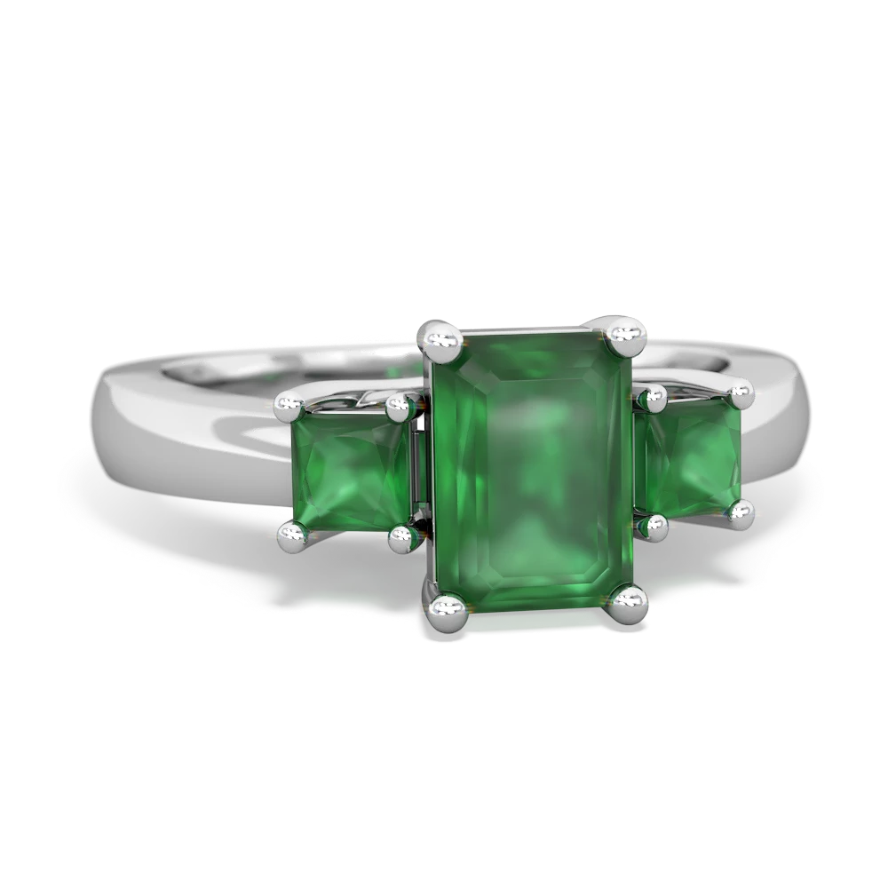 Lab Emerald Three Stone Emerald-Cut Trellis 14K White Gold ring R4021