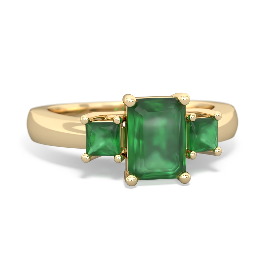 Lab Emerald Three Stone Emerald-Cut Trellis 14K Yellow Gold ring R4021