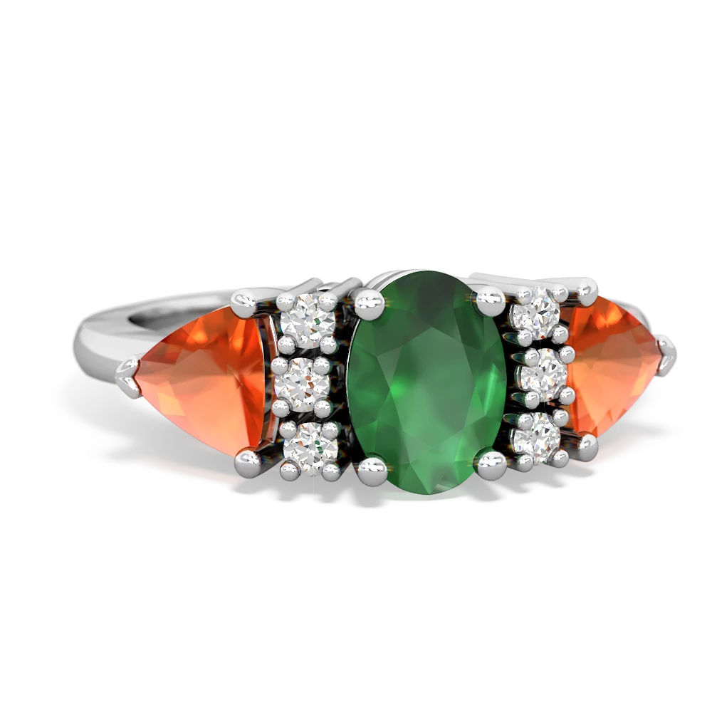 Emerald Antique Style Three Stone 14K White Gold ring R2186