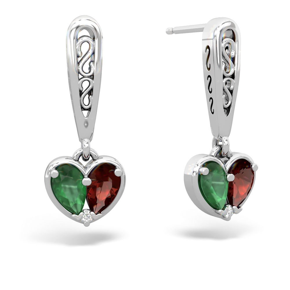 Emerald Filligree Heart 14K White Gold earrings E5070