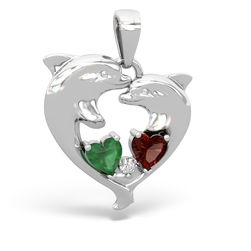 Emerald Dolphin Heart 14K White Gold pendant P5820