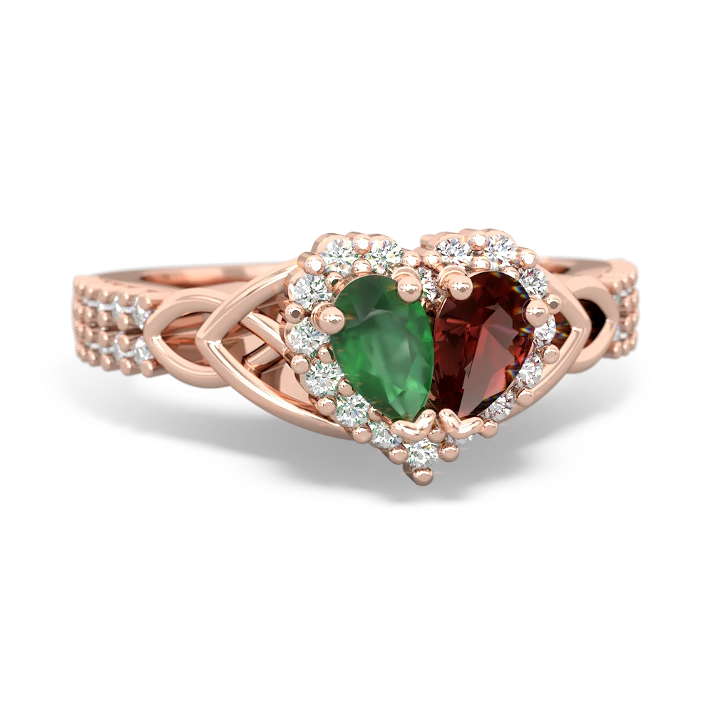 Emerald Celtic Knot Two Hearts As One 14K Rose Gold ring R2644HRT