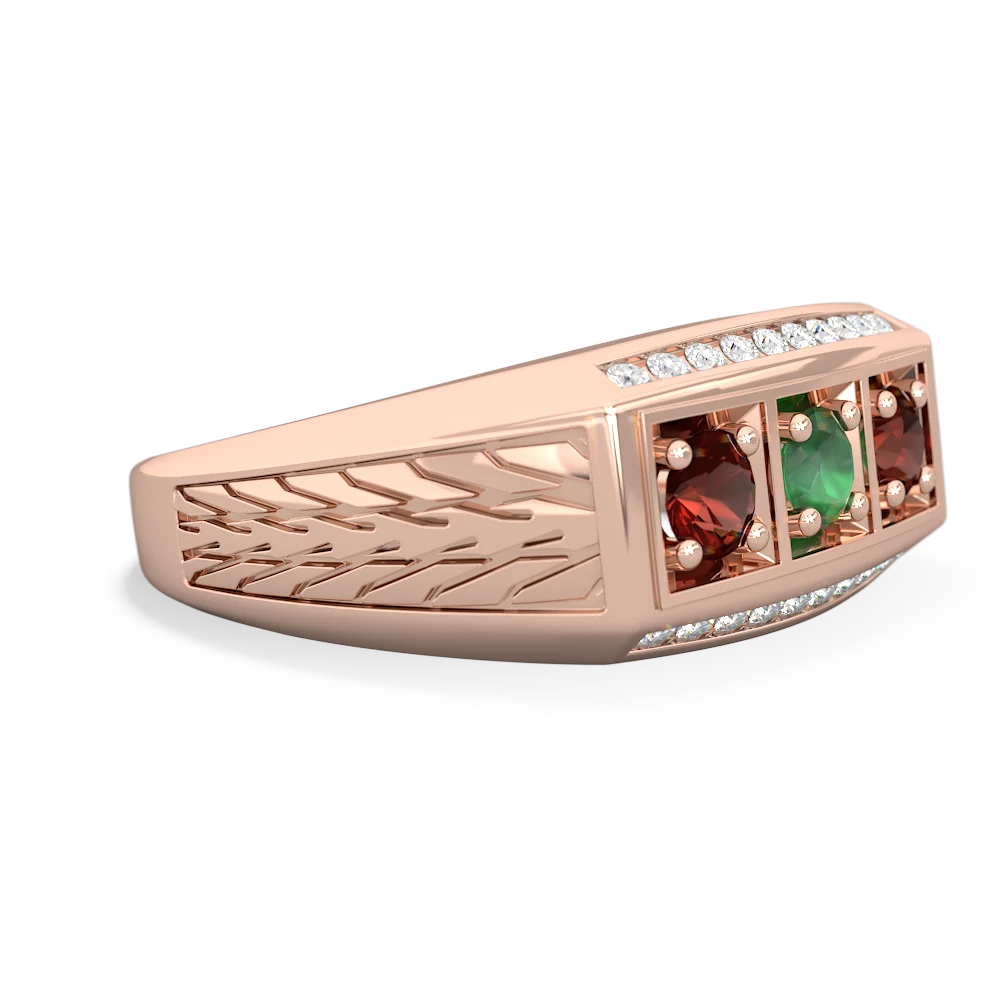 Emerald Three Stone Tire Tread Men's 14K Rose Gold ring R0520