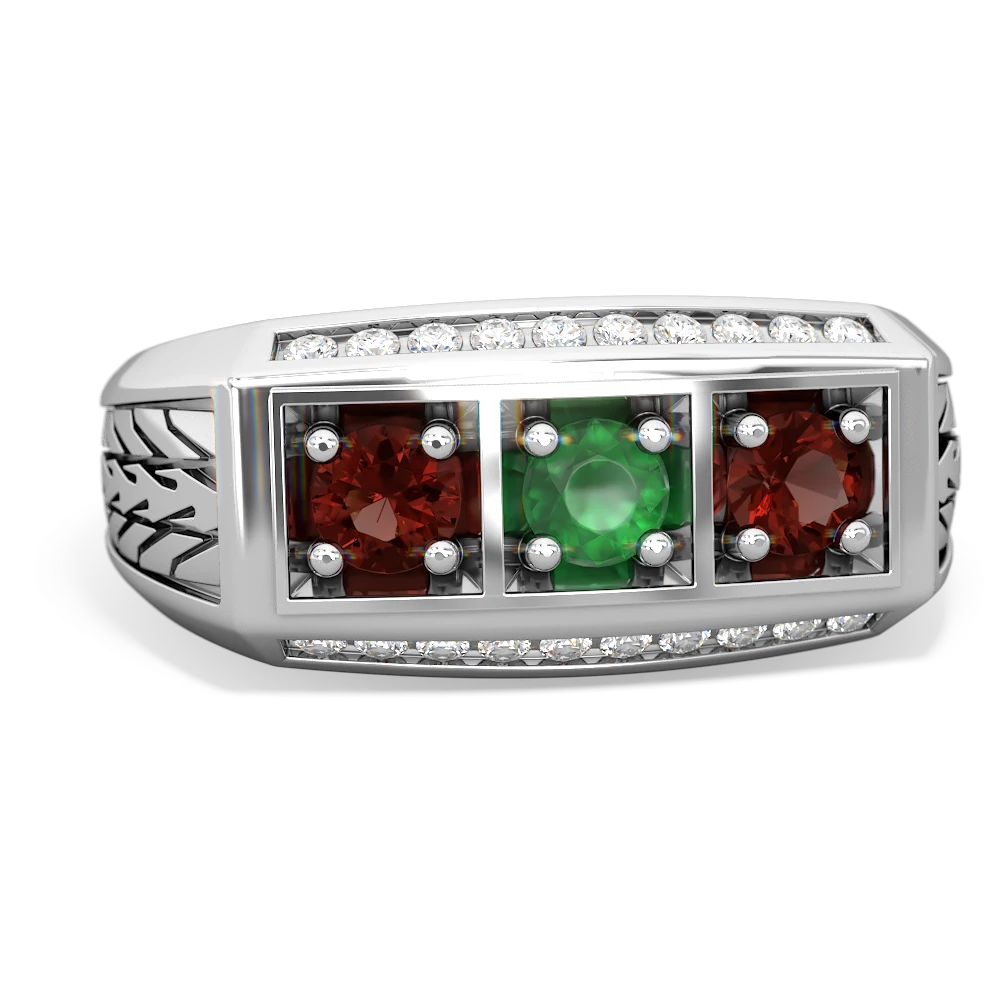 Emerald Three Stone Tire Tread Men's 14K White Gold ring R0520