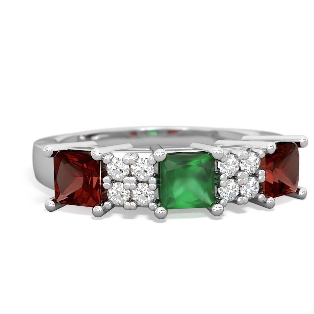 Emerald Three Stone Diamond Cluster 14K White Gold ring R2592