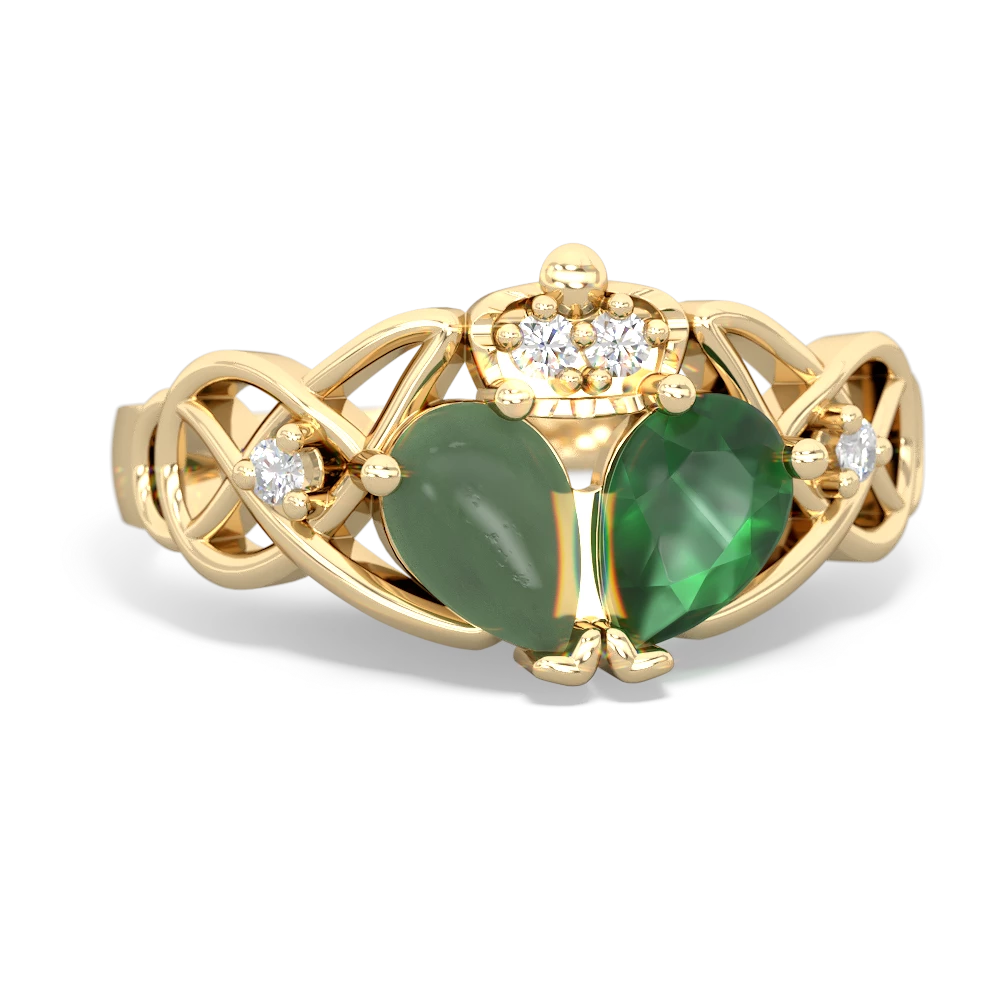 Emerald 'One Heart' Celtic Knot Claddagh 14K Yellow Gold ring R5322