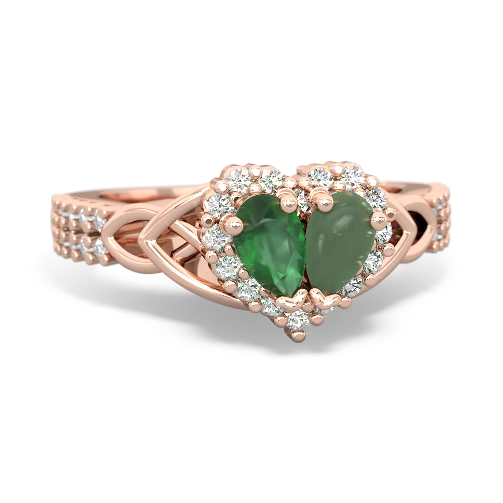 Emerald Celtic Knot Two Hearts As One 14K Rose Gold ring R2644HRT