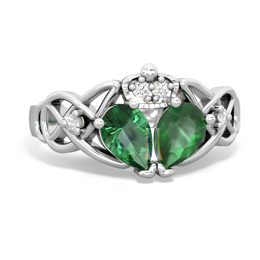 Emerald 'One Heart' Celtic Knot Claddagh 14K White Gold ring R5322