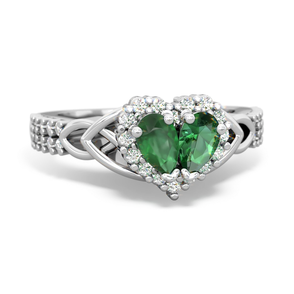 Emerald Celtic Knot Two Hearts As One 14K White Gold ring R2644HRT