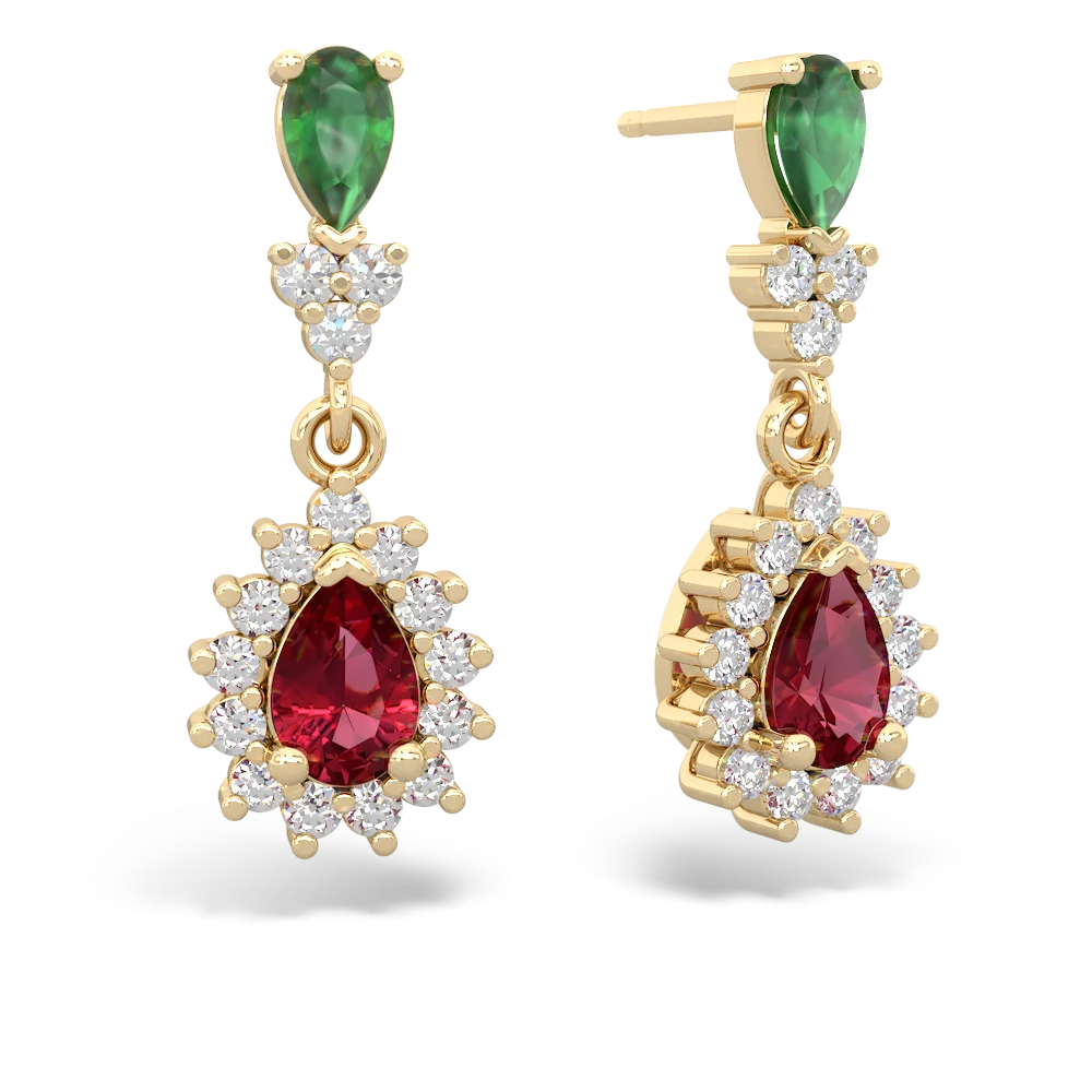 Emerald Halo Pear Dangle 14K Yellow Gold earrings E1882