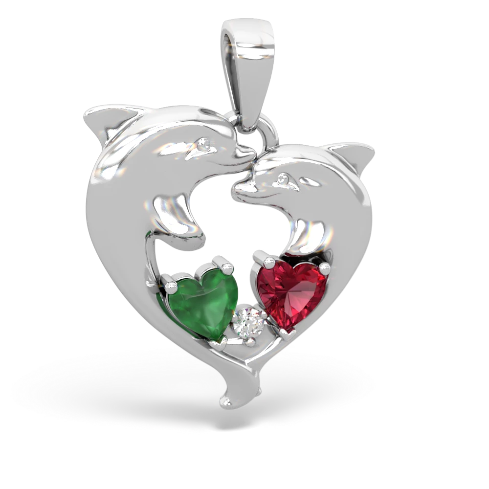 Emerald Dolphin Heart 14K White Gold pendant P5820