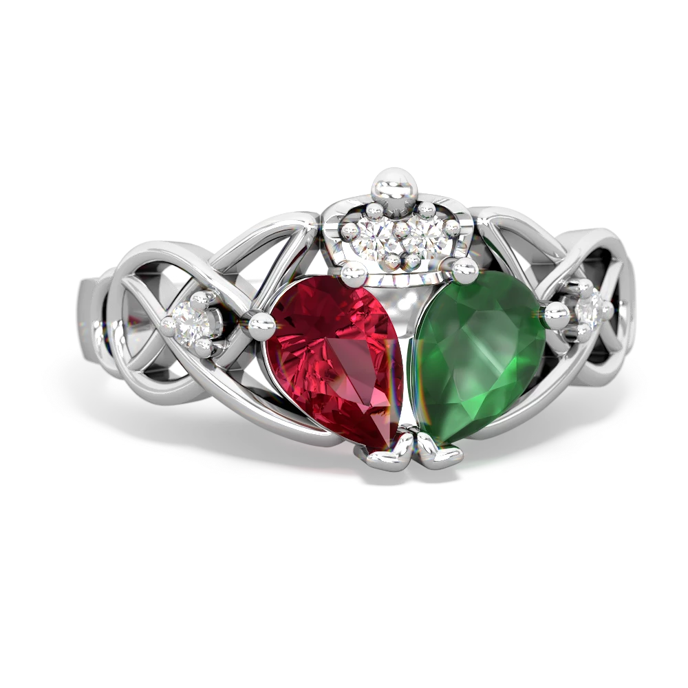 Emerald 'One Heart' Celtic Knot Claddagh 14K White Gold ring R5322