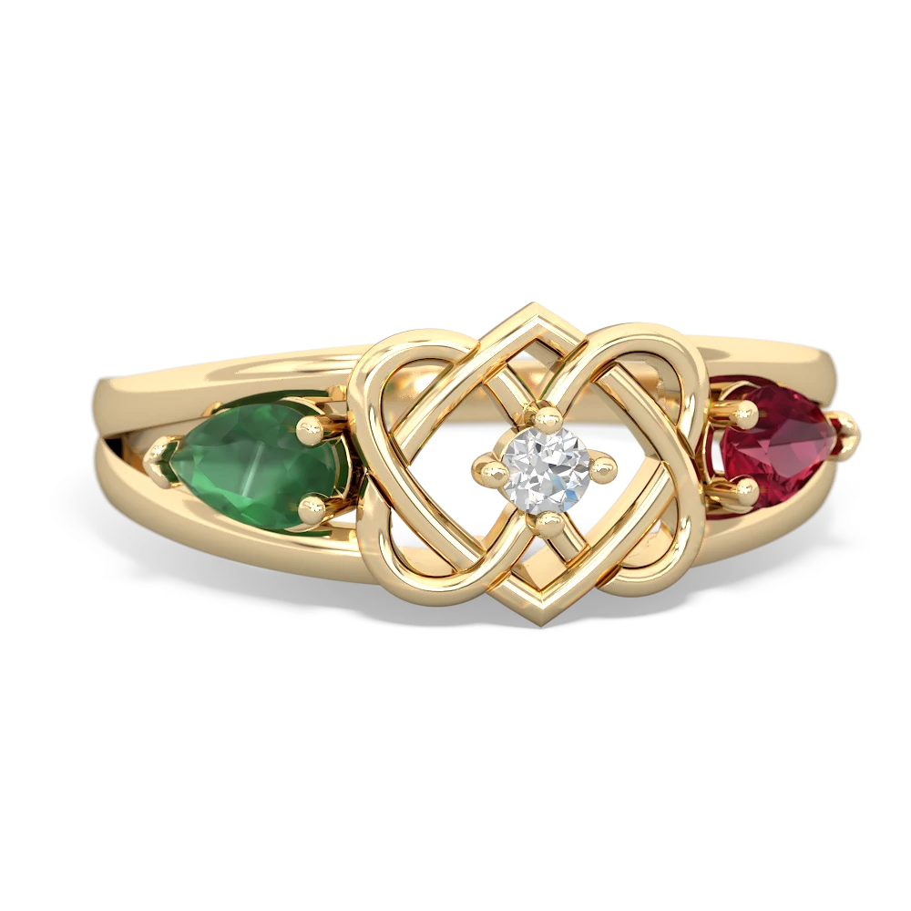 Emerald Hearts Intertwined 14K Yellow Gold ring R5880